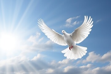 Fototapeta premium a white dove flying over the sun in a cloudy sky, in the religious style. Generative AI