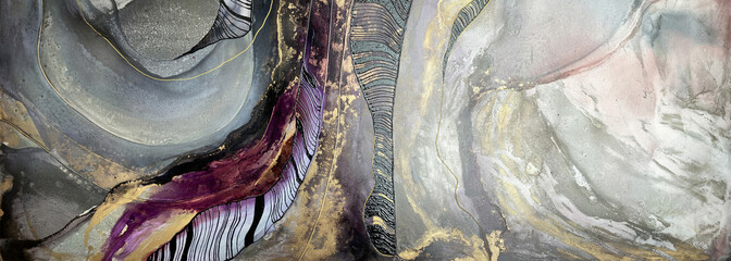 Abstract fluid art background with purple, gray, gold — motley marble art with beautiful smudges and stains made with alcohol ink and golden acrylic. Fluid texture resembles watercolor or aquarelle.