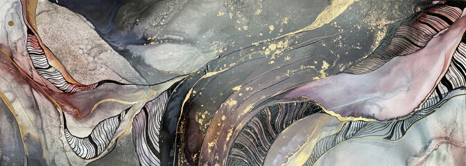 Abstract fluid art background with purple, gray, gold — motley marble art with beautiful smudges...
