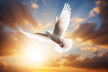 a white dove flying over the sun in a cloudy sky, in the religious style. Generative AI - obrazy, fototapety, plakaty