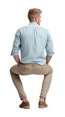 Back view of an Isolated sitting handsome young man wearing a white shirt and blue chino trousers, cutout on transparent background, ready for architectural visualisation.