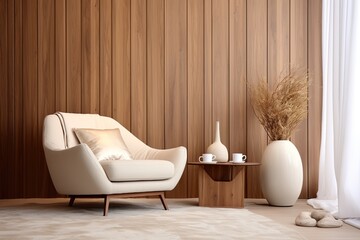 White fabric armchair near beige wall with abstract wooden panel accent wall decor. Rustic interior...