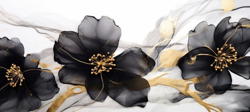 Abstract marbled ink liquid fluid watercolor painting texture banner illustration - Black petals, blossom flower flowers swirls gold painted lines, isolated on white background