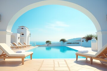 Obraz premium Sunbeds on white terrace with arch. Traditional mediterranean architecture under blue clear sky. Summer vacation background.
