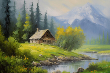 Riverside Retreat: A Charming Cabin Amidst Wooded Mountains - An Oil Painting