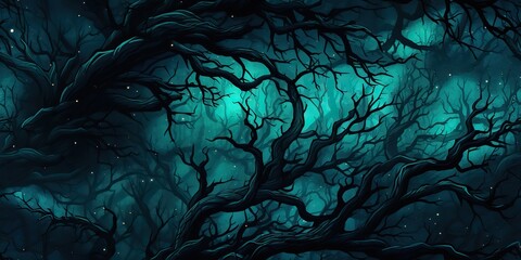 AI Generated. AI Generative. Dark aquamarine blue color tree forest branches in very scary creepy spooky Halloween nightmare style. Graphic natural texture template design