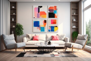 Suprematism style interior design of modern living room with abstract geometric colorful shapes.