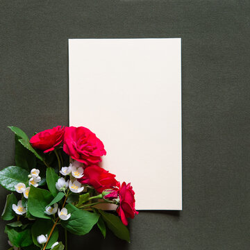 Rectangular blank with red roses and white jasmine. Flat lay, top view. Happy birthday, Valentine's day, Easter, mother's day, wedding composition. Blank greeting card, invitation mockup.