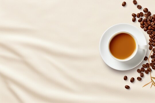 Cup of coffee on a white background, empty space for design, grains, surface, banner