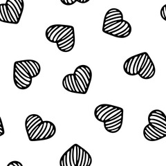 Hand Drawn Seamless Patterns with Hearts in Doodle Style. Romantic Love Digital Paper for Valentines Day. Black Hearts on White Background.