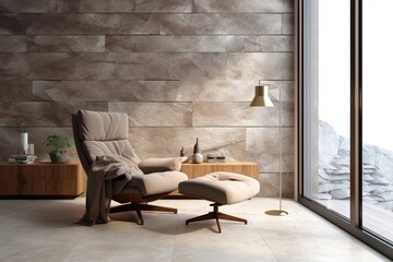 Recliner chair against window near white and stone cladding wall. Minimalist home interior design of modern living room.