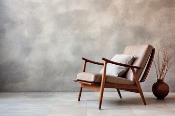 Recliner chair against stone and stucco wall with copy space. Minimalist home interior design of modern living room.