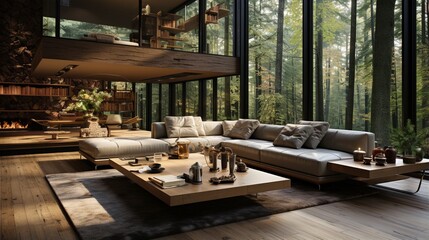 A minimalist home interior design of a modern living room in a house in the forest features a corner sofa and a square wooden coffee table in a spacious room with panoramic floor-to-ceiling