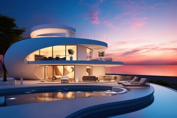 Fototapeta premium Modern minimalist round and curved shaped luxury house. Villa with terrace on sea shore at sunset.