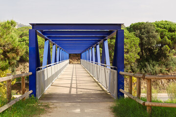 Blue metal walkway and wooden floor above road. There are some pine trees at end of it. Front view.