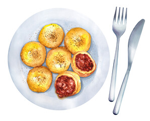 Meat stuffed potato dumplings on a plate. Watercolor illustration
