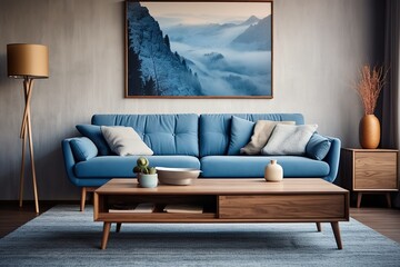 Modern interior design of living room with blue sofa and wooden coffee table. Home interior with rug