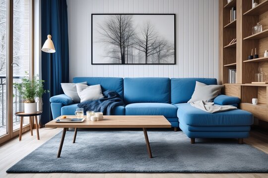 Modern interior design of living room with blue sofa and wooden coffee table. Home interior with rug
