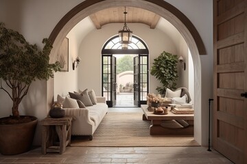 Mediterranean, coastal style interior design of modern entrance hall with arched door in farmhouse