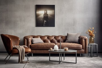 Gray corner comfortable sofa in room with concrete walls. Minimalist style interior design of modern living room.