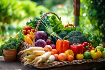 Variety of fresh organic vegetables and fruits in the garden.