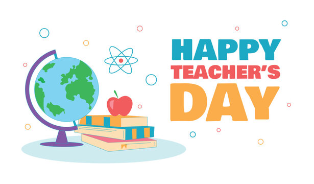 Banner Happy teachers day. A bright banner with a color scheme conveys the essence of joy and importance of celebrating Teacher's Day. Vector illustration.