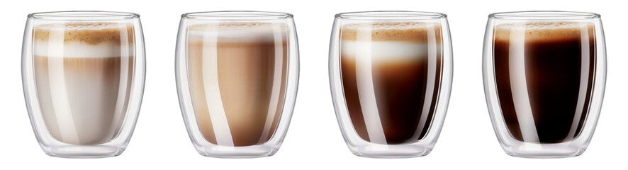 Coffee, cappuccino and latte in transparent glasses with a double bottom on a transparent background - obrazy, fototapety, plakaty