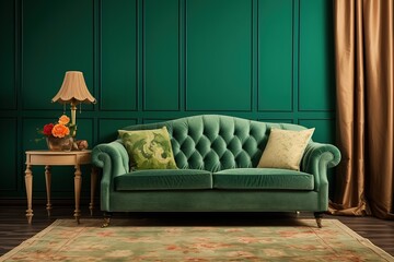 Green velvet sofa and armchair against of green wall. Interior design of classic living room.