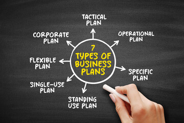 7 Types of Business Plan is a document that defines in detail a company's objectives and how it plans to achieve its goals, mind map concept background - obrazy, fototapety, plakaty