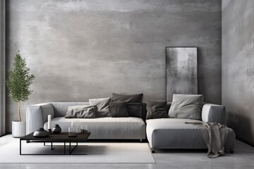 Gray corner comfortable sofa in room with concrete walls. Minimalist style interior design of modern living room.