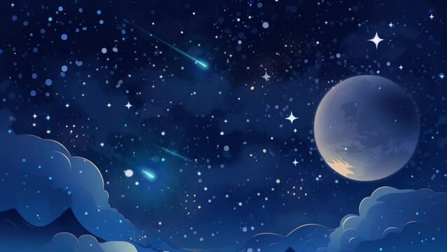 night sky with moon and stars illustration seamless looping time-lapse virtual video animation background. Generated AI
