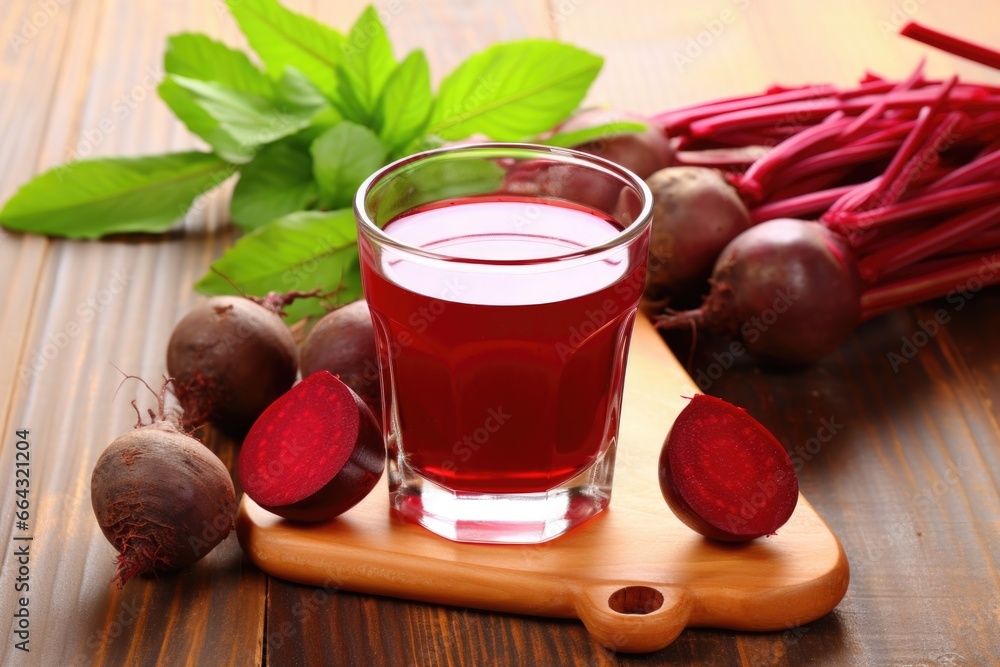 Poster fresh beetroots next to a glass of juice