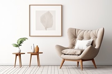 Mock up poster frame on white wall. Interior design of modern living room with armchair.