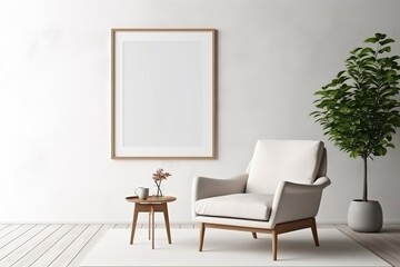 Mock up poster frame on white wall. Interior design of modern living room with armchair.