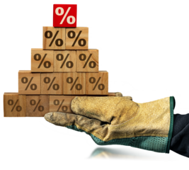 Gloved hand holding a stack of wooden blocks forming a pyramid, with many brown percentage signs and one red on the top. Isolated on white or transparent background. Png.