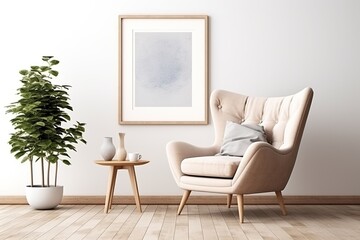 Mock up poster frame on white wall. Interior design of modern living room with armchair.
