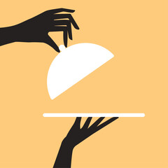 Black hands with a tray with a lid. Vector illustration