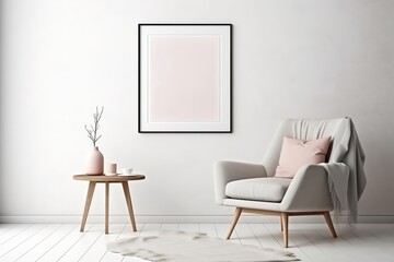 Fototapeta na wymiar Mock up poster frame on white wall. Interior design of modern living room with armchair.