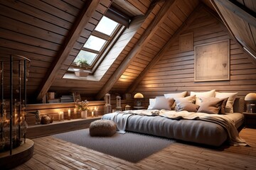 Cozy attic with wooden lining wall. Interior design of modern - obrazy, fototapety, plakaty