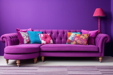 Corner vibrant fabric sofa near purple wall. Interior design of modern living room.