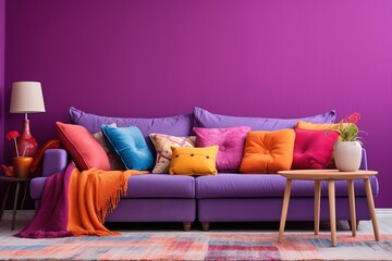 Corner vibrant fabric sofa near purple wall. Interior design of modern living room.