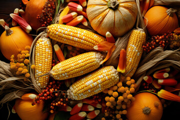 Fresh raw corn in autumn and Fall harvest cornucopia season. Flat lay, top view for Autumn, fall, Thanksgiving concept.