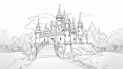 Coloring book page of the great castle for kids and adults - obrazy, fototapety, plakaty