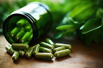 close-up of a green herbal supplement pill bottle