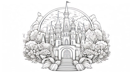 Coloring book page of the great castle for kids and adults