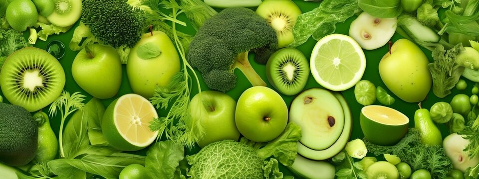 Banner Layout Of Green Fruits And Vegetables.