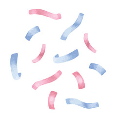 Confetti set Vector illustration. Hand drawn clip art on isolated background. Watercolor drawing of blue and pink serpentine. Sketch of falling glitter for a birthday party. Streamer in pastel colors