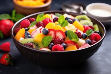 bowl of fresh mixed fruit salad with mint leaves on top - obrazy, fototapety, plakaty