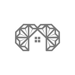 M shaped logo made of pyramid. Contains house.