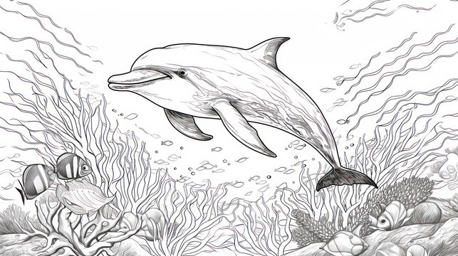 coloring page of cute dolphin swimming among underwater scene for kids